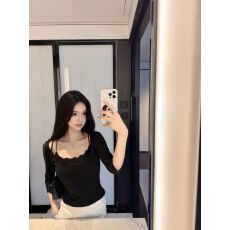 批发famouswang秋季新款智性美人韩系柳柳 假两件百搭蕾丝方领<b class='q'>中袖</b>