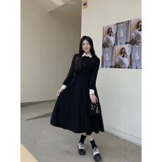 批发早秋季裙子2025年新款黑色法式连衣裙女春秋装内搭假两件收腰长