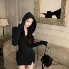 批发纯欲风辣妹紧身连帽包臀裙女春秋独特别致小个子收腰甜美连衣裙