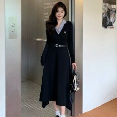 批发莎迪蕊气质日常韩版通勤翻领拼接假两件收腰显瘦连衣长裙女装女