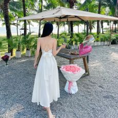 批发美丽的海滩小姐可否和你共进晚餐度假风吊带裙性感露背连衣裙女