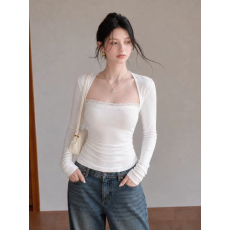 批发人棉260克 纯欲方领蕾丝性感<b class='q'>长袖</b><b class='q'>T</b><b class='q'>恤</b>女 早秋新款 甜酷风 通勤风