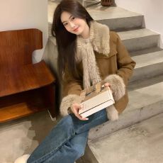 批发新款美拉德复古棕色韩系外套女秋冬加厚<b class='q'>短款</b>拼接毛毛上衣棉服