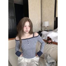 批发韩系蓝灰条纹吊带一字肩长袖<b class='q'>T</b><b class='q'>恤</b>女秋季显瘦露肩上衣 早秋新款
