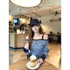 批发韩系少女条纹吊带一字肩露肩长袖<b class='q'>T</b><b class='q'>恤</b>女休闲百搭上衣 初秋上新