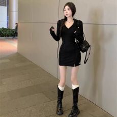 批发纯欲风辣妹紧身连帽包臀裙女春秋独特别致小个子收腰甜美连衣裙