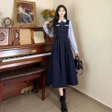 批发<b class='q'>春秋</b>大码学院风蝴蝶结假两件衬衫<b class='q'>连衣裙</b>轻职场通勤穿搭裙子女