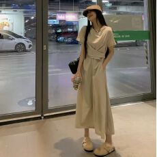 批发法式灰色高级感绑带收腰短袖连衣裙女2026夏季气质<b class='q'>通勤</b>圆领长裙