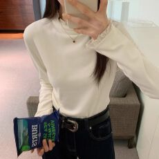 批发*1 杏色蕾丝边打底衫女内搭上衣秋冬半高领加厚T恤长袖 早秋新款