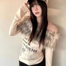 批发一字肩甜美辣妹长袖T恤女2026秋新款修身纯欲字母印花打底上衣女