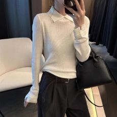 批发韩系Polo领灰色长袖针织打底衫女早秋内搭小个子修身显瘦漂亮上