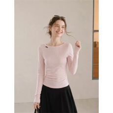 批发克精品<b class='q'>羊绒</b>韩系温柔长袖T恤女春秋小众褶皱修身显瘦减龄上衣