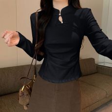 批发半高领新中式国风盘扣T恤打底衫女春季2024新款<b class='q'>修身</b>内搭长袖上衣