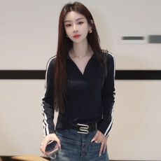 批发条纹撞色Polo领长袖T恤女秋季2026大码微胖MM上衣 初秋上新 优雅