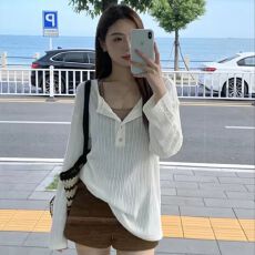 批发提花 韩系小众设计感翻领防晒罩衫<b class='q'>长袖</b>t恤女宽松款显瘦上衣 优雅