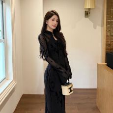 批发新中式改良旗袍黑色网纱连衣裙女秋季性感修身绝美别致包臀旗袍