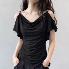 批发绿色露肩短袖T恤女2026新款夏季<b class='q'>大码</b><b class='q'>胖</b><b class='q'>mm</b><b class='q'>收腰</b>显瘦遮肚不规则上衣