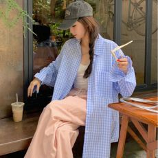 批发洋气百搭个性法式ootd蓝色<b class='q'>格子衬衫</b>女2026春季新款百搭小众上衣