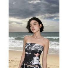 批发猫咪人物印花抹胸背心女夏季气质露脐短款无袖新款百搭