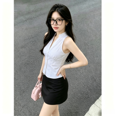 批发JMSHOP山梨假日纯欲无袖翻领挂脖衬衫女夏季修身低腰短