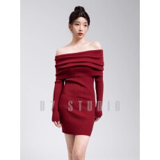 批发小众设计高级感一字肩连衣裙包臀短裙修身显瘦复古<b class='q'>春</b>秋打底裙