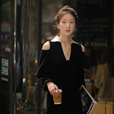 批发高端气质名媛女神范高级感polo领赫本风黑色<b class='q'>露肩</b><b class='q'>连衣裙</b>女