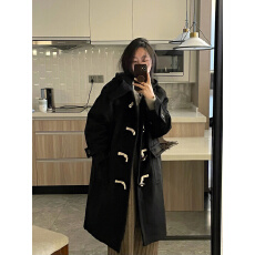 批发黑色毛呢外套女秋<b class='q'>冬</b>牛角扣小个子呢子大衣中长款连帽加
