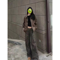批发秋季新款美式复古做旧棕色麂皮衣夹男女潮牌短外套情侣机车<b class='q'>服</b>