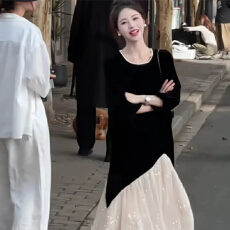 批发七分袖<b class='q'>大码</b>拼接连衣裙女秋季新款韩系高级感复古减龄气质长裙女