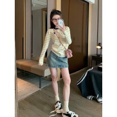 批发奶黄条纹爱心长袖t恤女新款春秋小个子修身打底<b class='q'>百搭</b>时尚