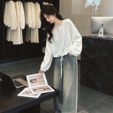 批发绑带收腰长袖T恤女秋款大码胖宽新款百搭时尚显瘦气质