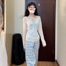 批发两件套竹节罗纹V领防晒长袖<b class='q'>T</b><b class='q'>恤</b>修身显瘦挂脖新款百搭