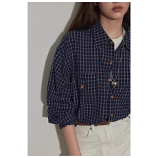 批发蓝色polo领复古休闲格纹<b class='q'>长袖</b><b class='q'>衬衫</b>女秋季法式学院风叠