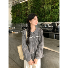 批发韩系温柔风黑白格子衬衫长袖女秋季边内搭衬衣<b class='q'>宽松</b>娃娃领上衣