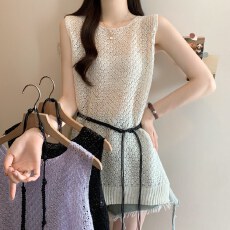 批发实拍大码镂空<b class='q'>针织</b>吊带背心女胖MM夏季中<b class='q'>长款</b>收腰外搭罩衫马甲上衣