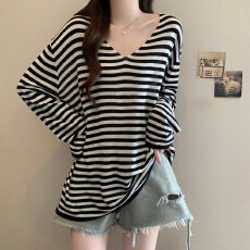 批发实拍大码韩系慵懒风条纹防晒罩衫女秋季胖MM宽松显瘦<b class='q'>V领</b>百搭上衣
