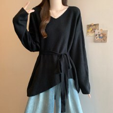 批发实拍大码系带显瘦V领针织衫女<b class='q'>胖</b><b class='q'>MM</b>慵懒风飘带挂脖宽松遮肚子上衣