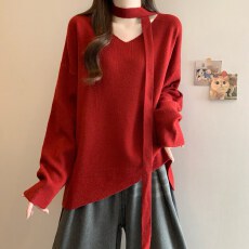 批发实拍大码不规则红色V领百搭中长秋冬<b class='q'>胖</b><b class='q'>MM</b>显瘦收腰系带毛衣针织衫