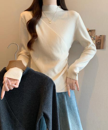 실사 인사이드 가져 가라. 반하이넥 긴팔 니트 스웨터 스웨터 여자 가을 겨울 지방 mm 표지 배 다용도 불규칙 기본 셔츠