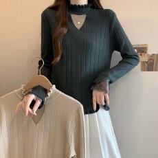 批发实拍<b class='q'>大码</b>秋冬半高领毛女胖MM蕾丝显瘦小心机镂空针织上衣<b class='q'>打底衫</b>