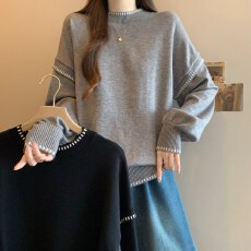 批发实拍大码秋冬宽松版慵懒风加厚卫衣针织衫女<b class='q'>胖</b><b class='q'>MM</b>撞色时尚毛衣<b class='q'>外套</b>