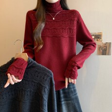 批发实拍<b class='q'>大码</b>新年红半高领镂空钩花针织衫<b class='q'>女</b>胖MM显瘦百搭毛衣打底衫