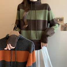 批发实拍秋冬加厚撞色条纹半高领针织衫<b class='q'>女</b>胖MM宽松显瘦慵懒风套头毛衣