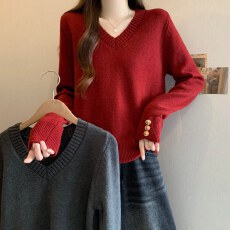 批发实拍韩系高级感V领长袖针织上衣女胖MM气质小个子修身短款打底衫