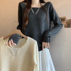 批发实拍大码春秋温柔慵懒风V领珍珠装饰女胖MM百搭打底衫针织上衣