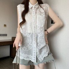 批发实拍大码高级感<b class='q'>刺绣</b>无袖<b class='q'>衬衫</b>女夏胖MM设计感Polo领坎肩背心防晒衫