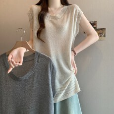 批发实拍大码小飞袖U领短袖<b class='q'>针织</b>衫女胖MM夏季冰丝百搭<b class='q'>罩衫</b>宽松遮肉T恤