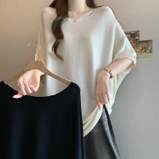 批发实拍大码夏薄款圆领<b class='q'>蝙蝠衫</b>短袖T恤女胖MM显瘦冰丝中长款遮肚上衣
