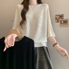 批发实拍大码蝙蝠袖慵懒风针织T恤女<b class='q'>夏</b>季胖MM高级感重工气质百搭上衣