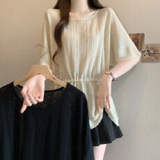 批发<b class='q'>实拍</b><b class='q'>大码</b>亚麻天丝休闲抽绳收腰上衣女夏季胖MM掐腰显瘦针织防晒衫